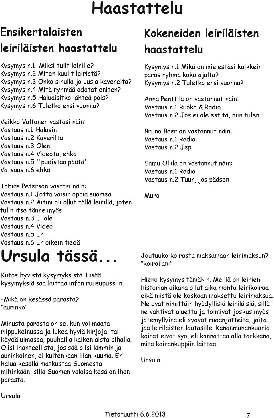 5 ''pudistaa päätä'' Vatsaus n.6 ehkä Tobias Peterson vastasi näin: Vastaus n.1 Jotta voisin oppia suomea Vastaus n.2 Äitini oli ollut tällä leirillä, joten tulin itse tänne myös Vastaus n.