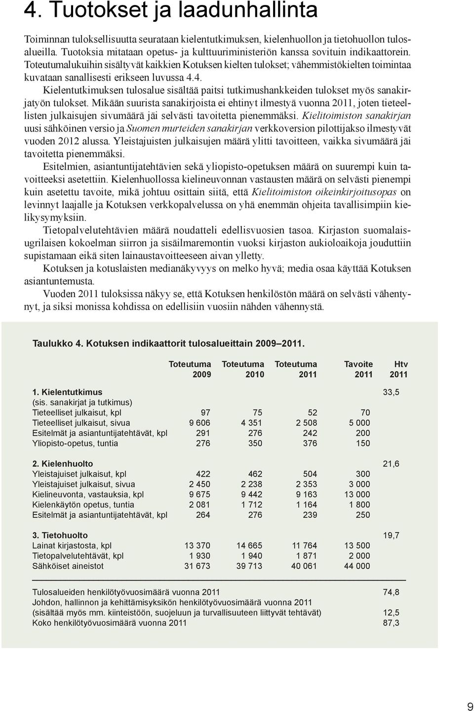 Toteutumalukuihin sisältyvät kaikkien Kotuksen kielten tulokset; vähemmistökielten toimintaa kuvataan sanallisesti erikseen luvussa 4.