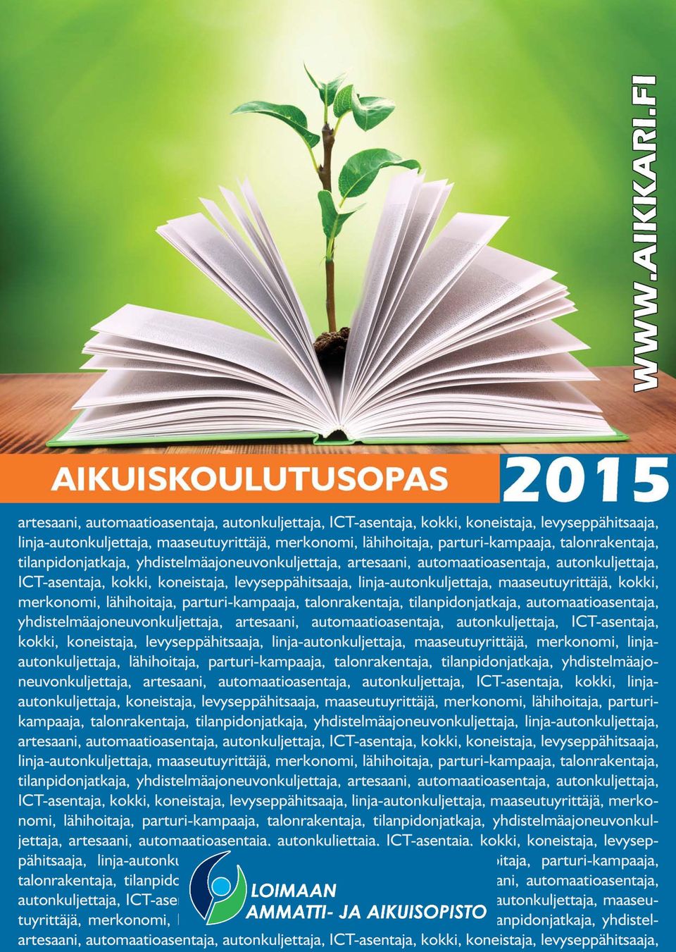 merkonomi, lähihoitaja, parturi-kampaaja, talonrakentaja, tilanpidonjatkaja, automaatioasentaja, yhdistelmäajoneuvonkuljettaja, artesaani, automaatioasentaja, autonkuljettaja, ICT-asentaja, kokki,