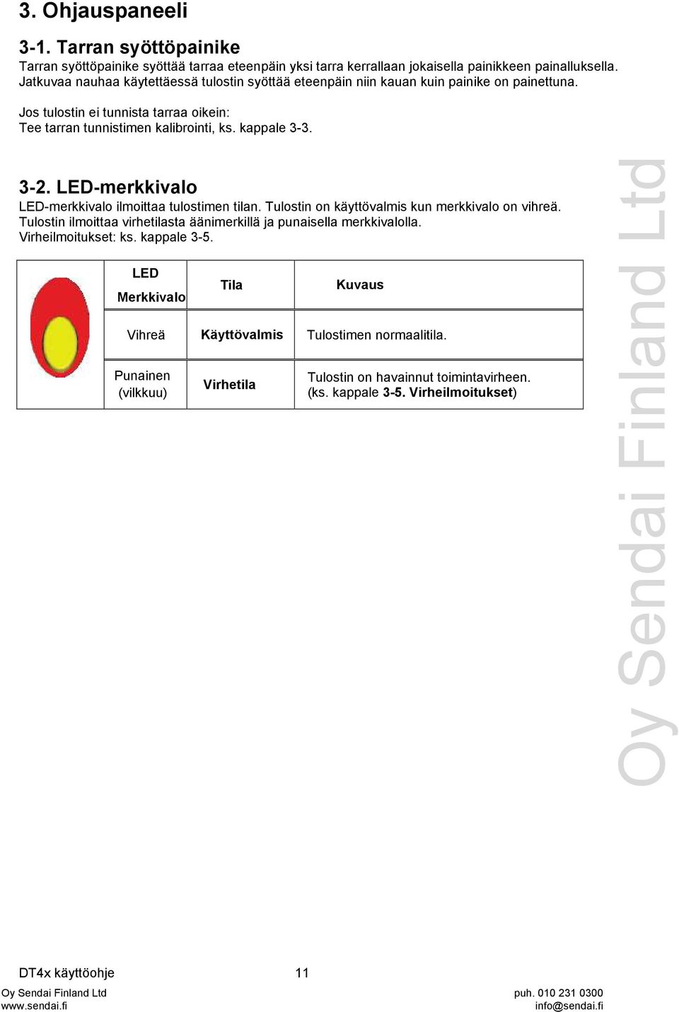 3-2. LED-merkkivalo LED-merkkivalo ilmoittaa tulostimen tilan. Tulostin on käyttövalmis kun merkkivalo on vihreä. Tulostin ilmoittaa virhetilasta äänimerkillä ja punaisella merkkivalolla.