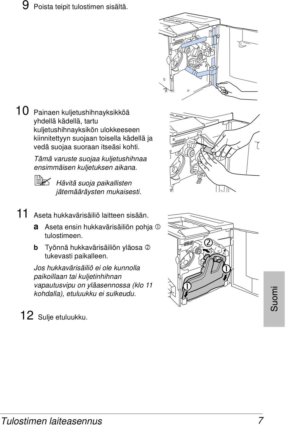 Tämä varuste suojaa kuljetushihnaa ensimmäisen kuljetuksen aikana. Hävitä suoja paikallisten jätemääräysten mukaisesti. 11 Aseta hukkavärisäiliö laitteen sisään.