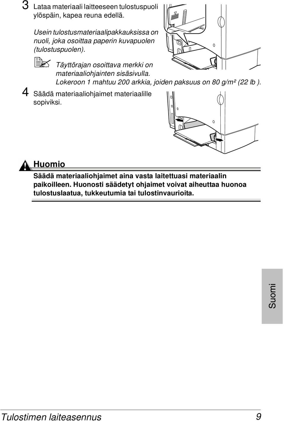 Täyttörajan osoittava merkki on materiaaliohjainten sisäsivulla. Lokeroon 1 mahtuu 200 arkkia, joiden paksuus on 80 g/m² (22 lb ).