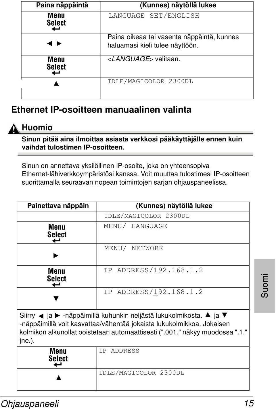 Sinun on annettava yksilöllinen IP-osoite, joka on yhteensopiva Ethernet-lähiverkkoympäristösi kanssa.