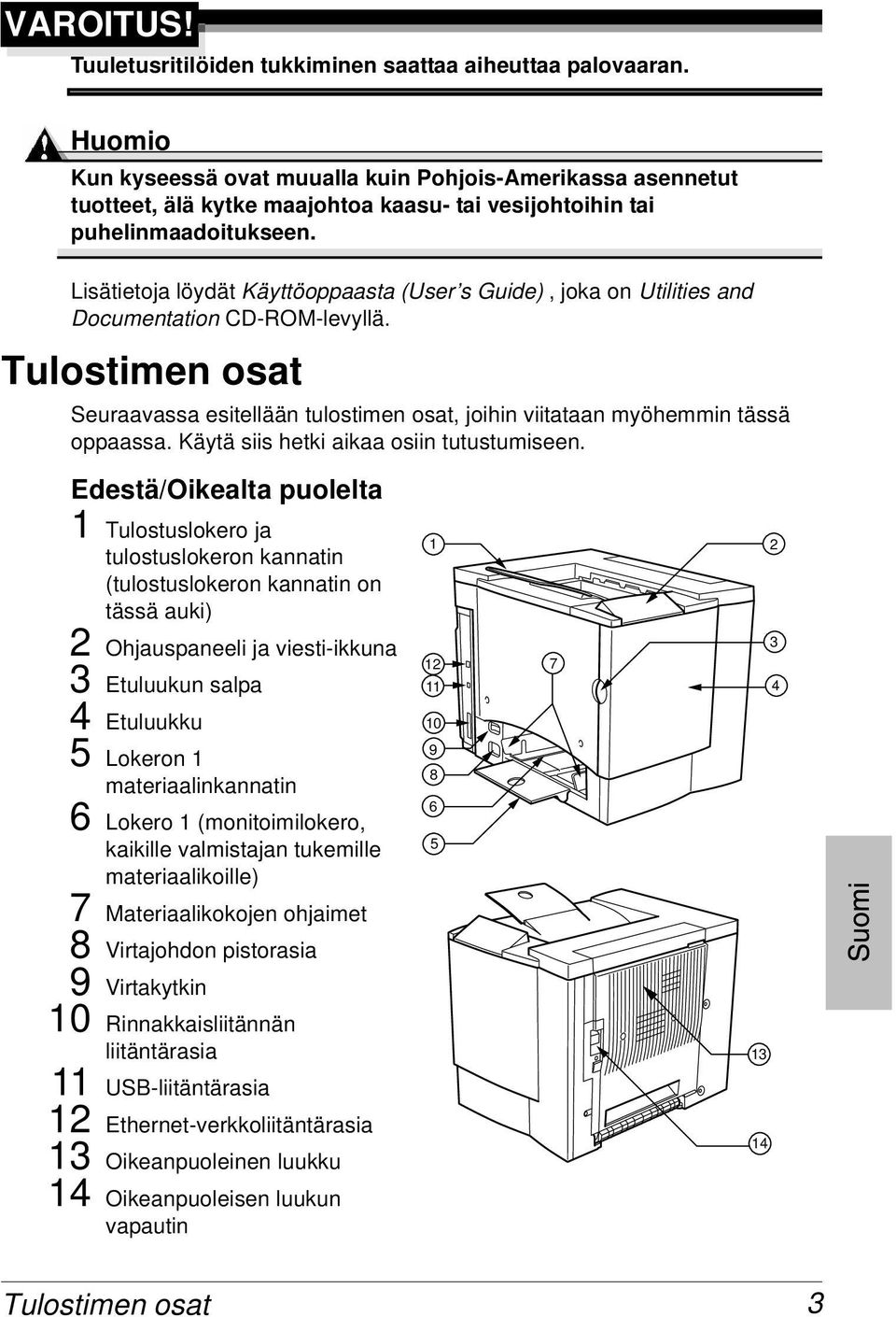 Lisätietoja löydät Käyttöoppaasta (User s Guide),jokaonUtilities and Documentation CD-ROM-levyllä. Tulostimen osat Seuraavassa esitellään tulostimen osat, joihin viitataan myöhemmin tässä oppaassa.