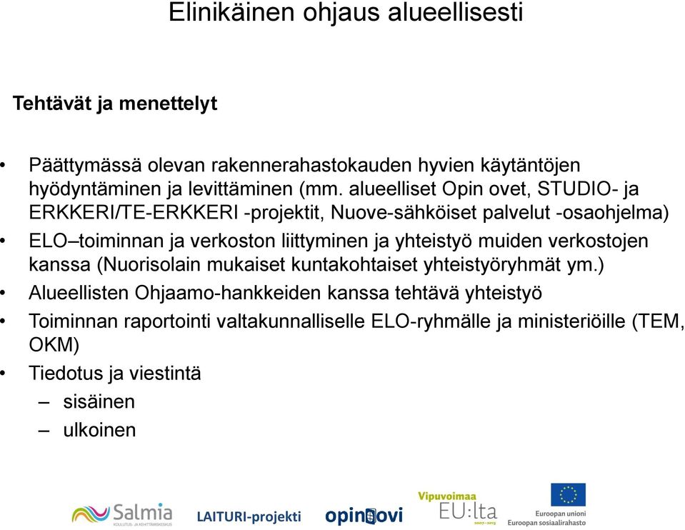 alueelliset Opin ovet, STUDIO- ja ERKKERI/TE-ERKKERI -projektit, Nuove-sähköiset palvelut -osaohjelma) ELO toiminnan ja verkoston liittyminen