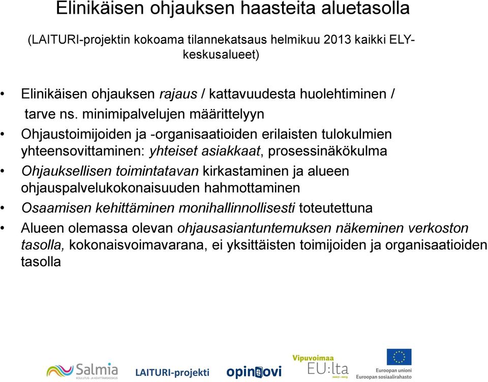 minimipalvelujen määrittelyyn Ohjaustoimijoiden ja -organisaatioiden erilaisten tulokulmien yhteensovittaminen: yhteiset asiakkaat, prosessinäkökulma