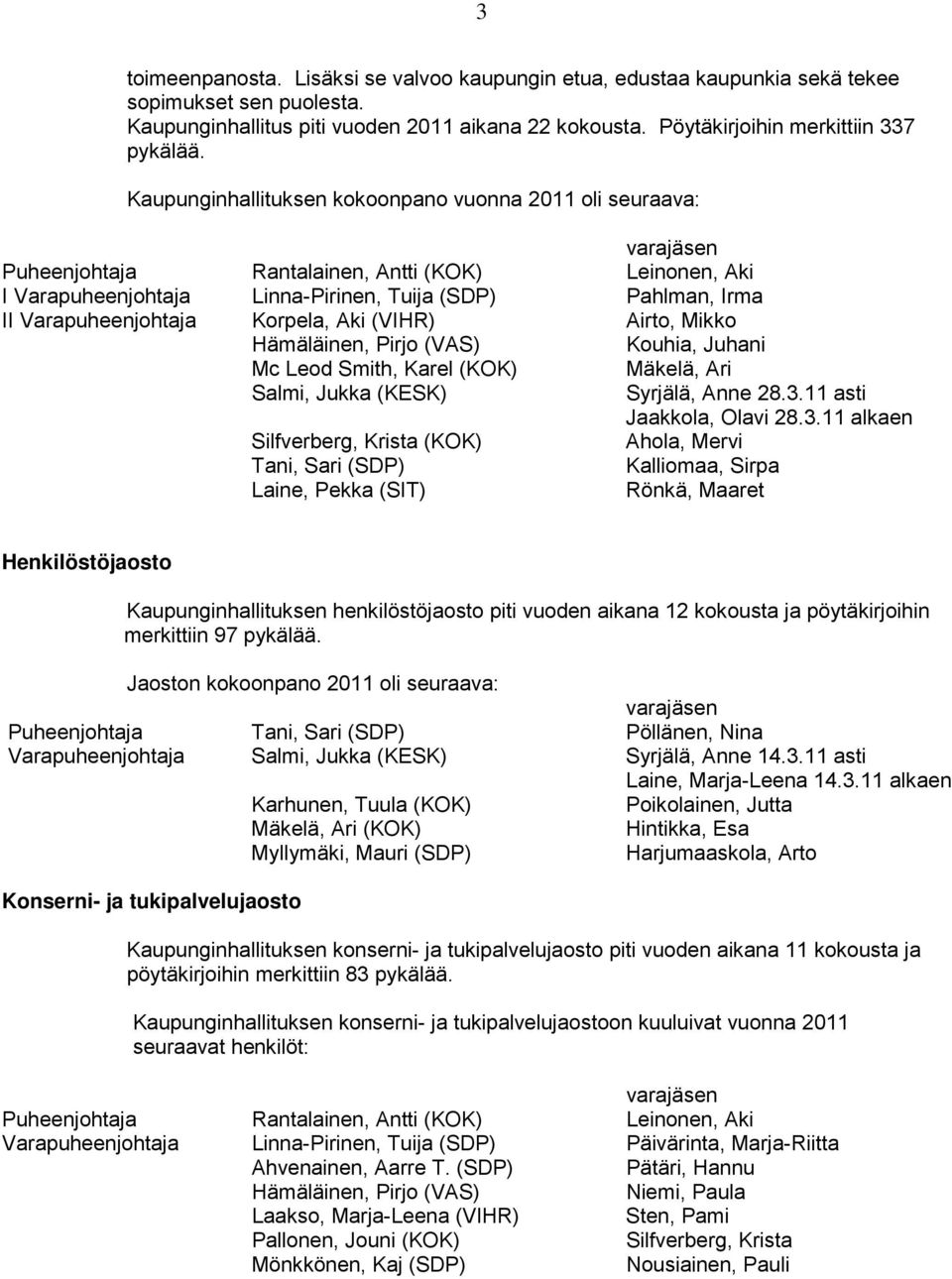 Varapuheenjohtaja Korpela, Aki (VIHR) Airto, Mikko Hämäläinen, Pirjo (VAS) Kouhia, Juhani Mc Leod Smith, Karel (KOK) Mäkelä, Ari Salmi, Jukka (KESK) Syrjälä, Anne 28.3.