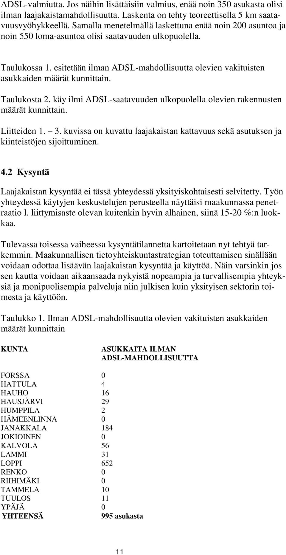 esitetään ilman ADSL-mahdollisuutta olevien vakituisten asukkaiden määrät kunnittain. Taulukosta 2. käy ilmi ADSL-saatavuuden ulkopuolella olevien rakennusten määrät kunnittain. Liitteiden 1. 3.