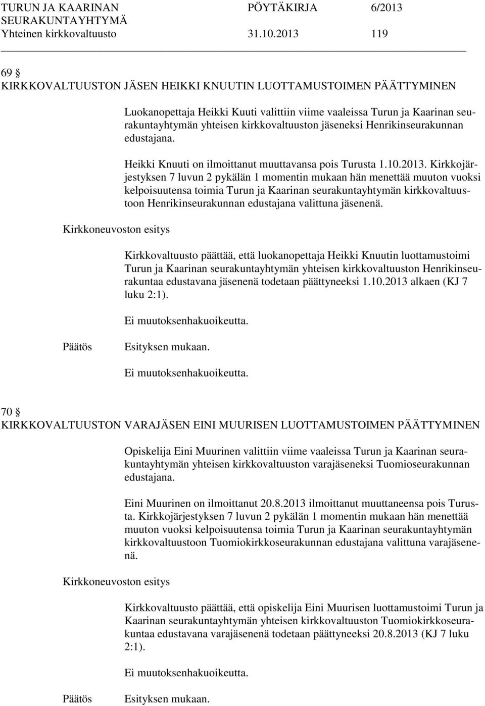 kirkkovaltuuston jäseneksi Henrikinseurakunnan edustajana. Heikki Knuuti on ilmoittanut muuttavansa pois Turusta 1.10.2013.