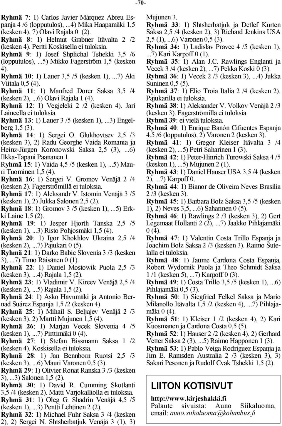 Ryhmä 11: 1) Manfred Dorer Saksa 3,5 /4 (kesken 2),...6) Olavi Rajala 1 (4). Ryhmä 12: 1) Vegjeleki 2 /2 (kesken 4). Jari Laineella ei tuloksia. Ryhmä 13: 1) Lauer 3 /5 (kesken 1),.