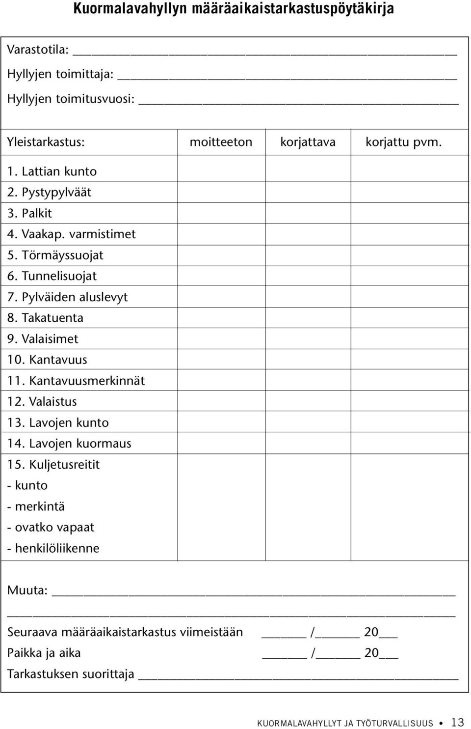 Takatuenta 9. Valaisimet 10. Kantavuus 11. Kantavuusmerkinnät 12. Valaistus 13. Lavojen kunto 14. Lavojen kuormaus 15.