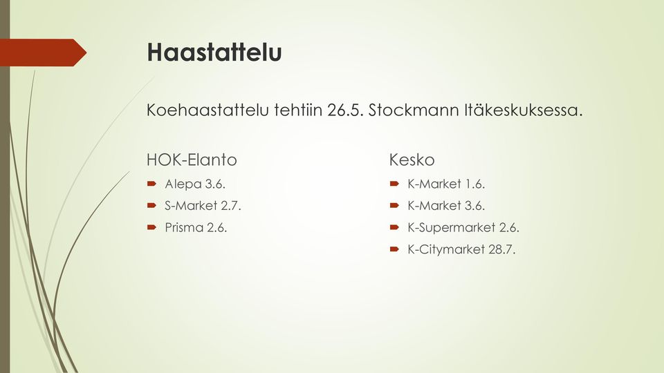 S-Market 2.7. Prisma 2.6. Kesko K-Market 1.6. K-Market 3.