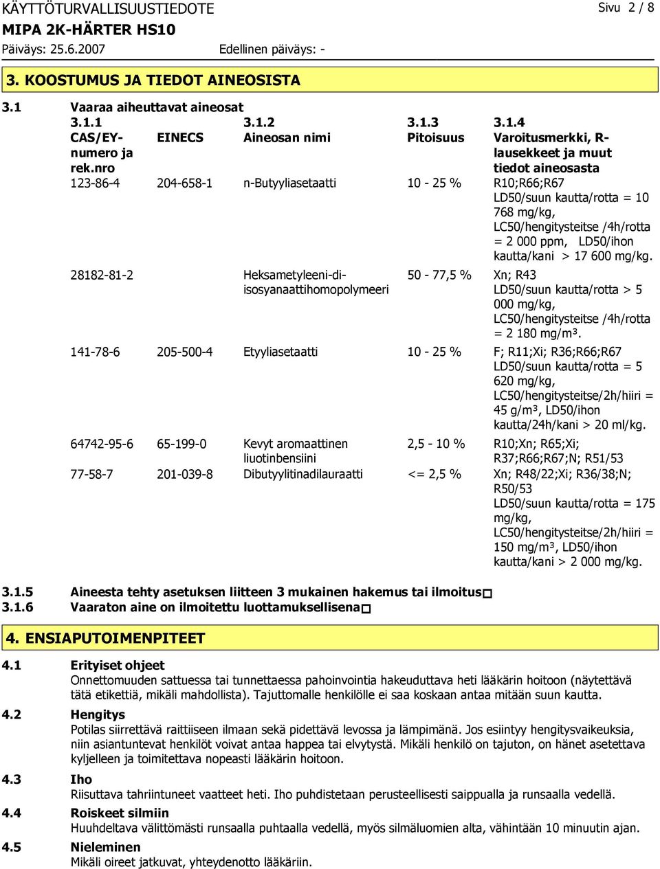 1 CAS/EYnumero ja EINECS rek.nro 3.1.2 Aineosan nimi 3.1.3 Pitoisuus 3.1.4 Varoitusmerkki, R- lausekkeet ja muut tiedot aineosasta 123-86-4 204-658-1 n-butyyliasetaatti 10-25 % R10;R66;R67 LD50/suun