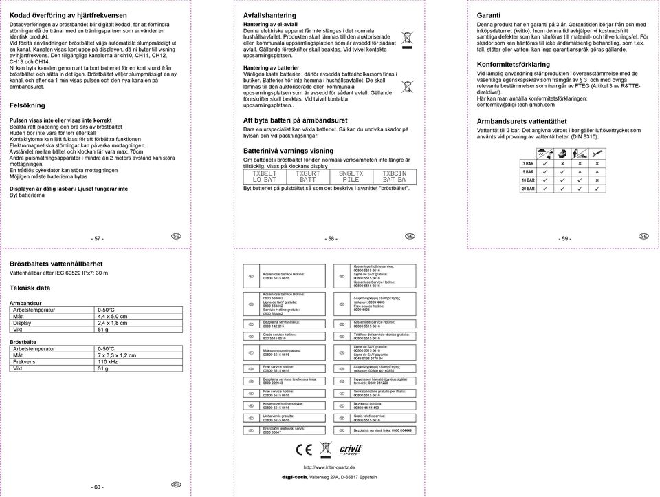 Den tillgängliga kanalerna är ch10, CH11, CH12, CH13 och CH14. Ni kan byta kanalen genom att ta bort batteriet för en kort stund från bröstbältet och sätta in det igen.