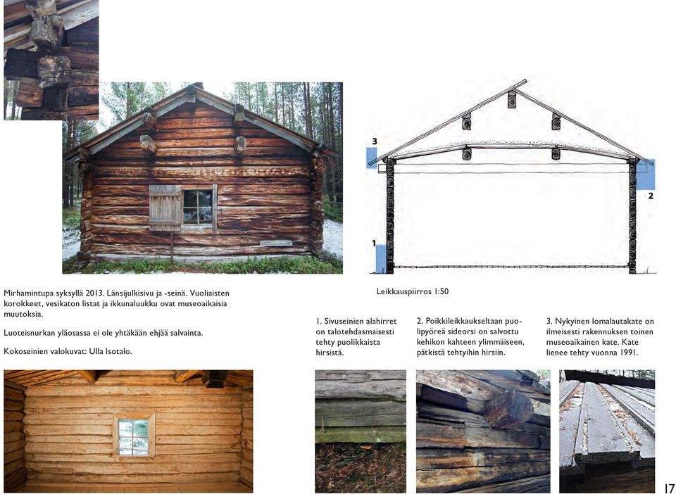 Sivuseinien alahirret on talotehdasmaisesti tehty puolikkaista hirsistä. Leikkauspiirros 1:50 2.