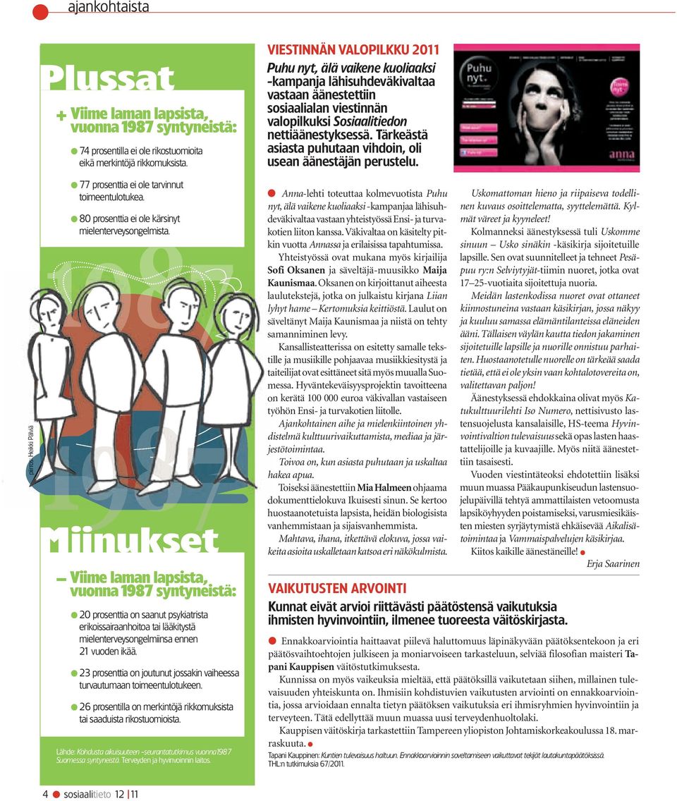 1987 1987 Miinukseti Viime laman lapsista, vuonna 1987 syntyneistä: 20 prosenttia on saanut psykiatrista erikoissairaanhoitoa tai lääkitystä mielenterveysongelmiinsa ennen 21 vuoden ikää.