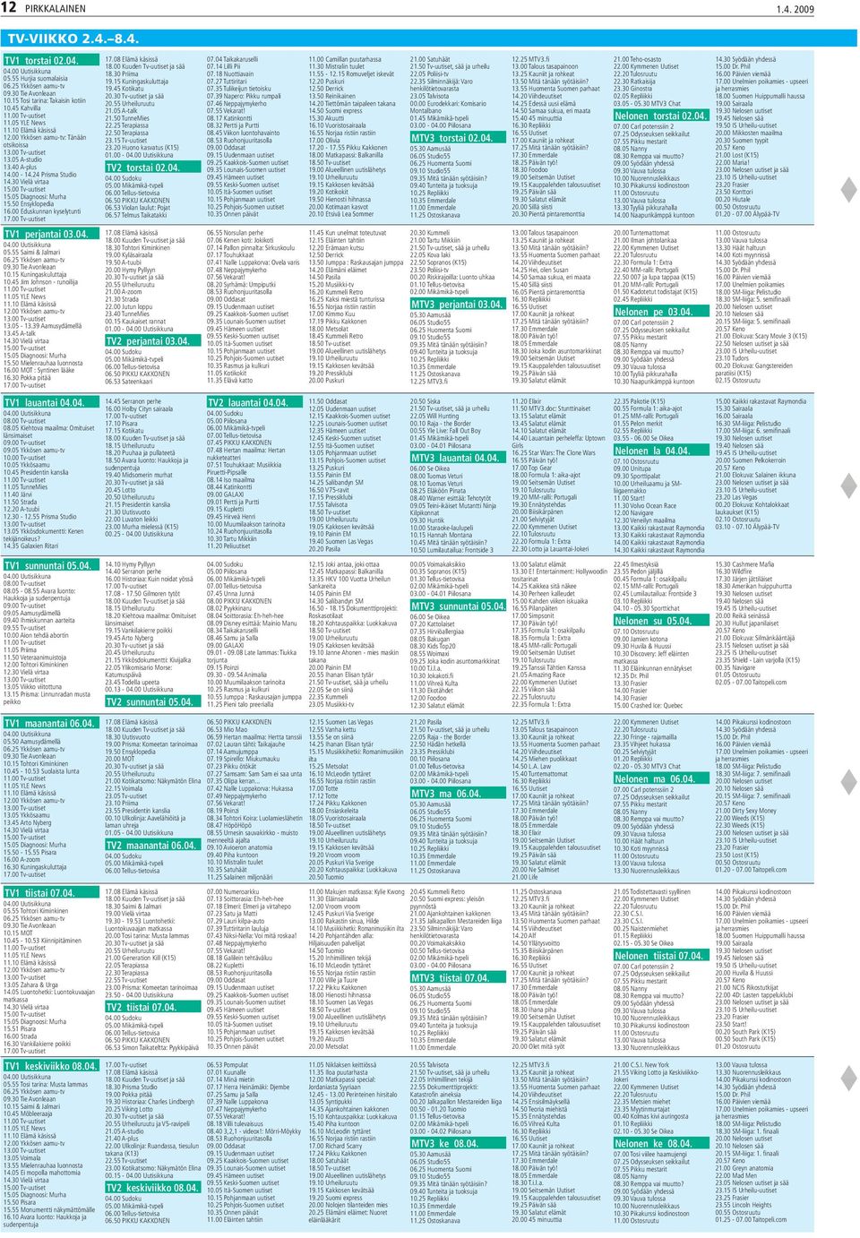 00 Tv-uutiset 15.05 Diagnoosi: Murha 15.50 Ensyklopedia 16.00 Eduskunnan kyselytunti 17.00 Tv-uutiset TV1 perjantai 03.04. 04.00 Uutisikkuna 05.55 Saimi & Jalmari 06.25 Ykkösen aamu-tv 09.