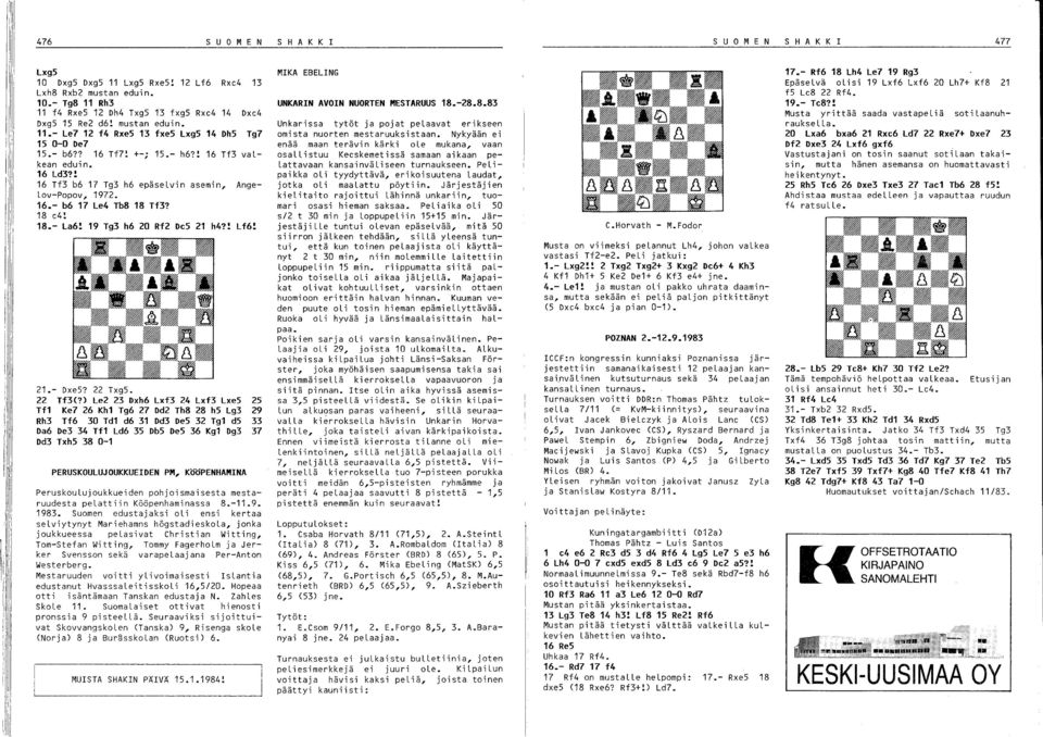 18 e4! 18.- La6! 19 Tg3 h6 20 Rf2 De5 21 h4?: Lf6: 21.- Dxe5? 22 Txg5. 22 Tf3(?