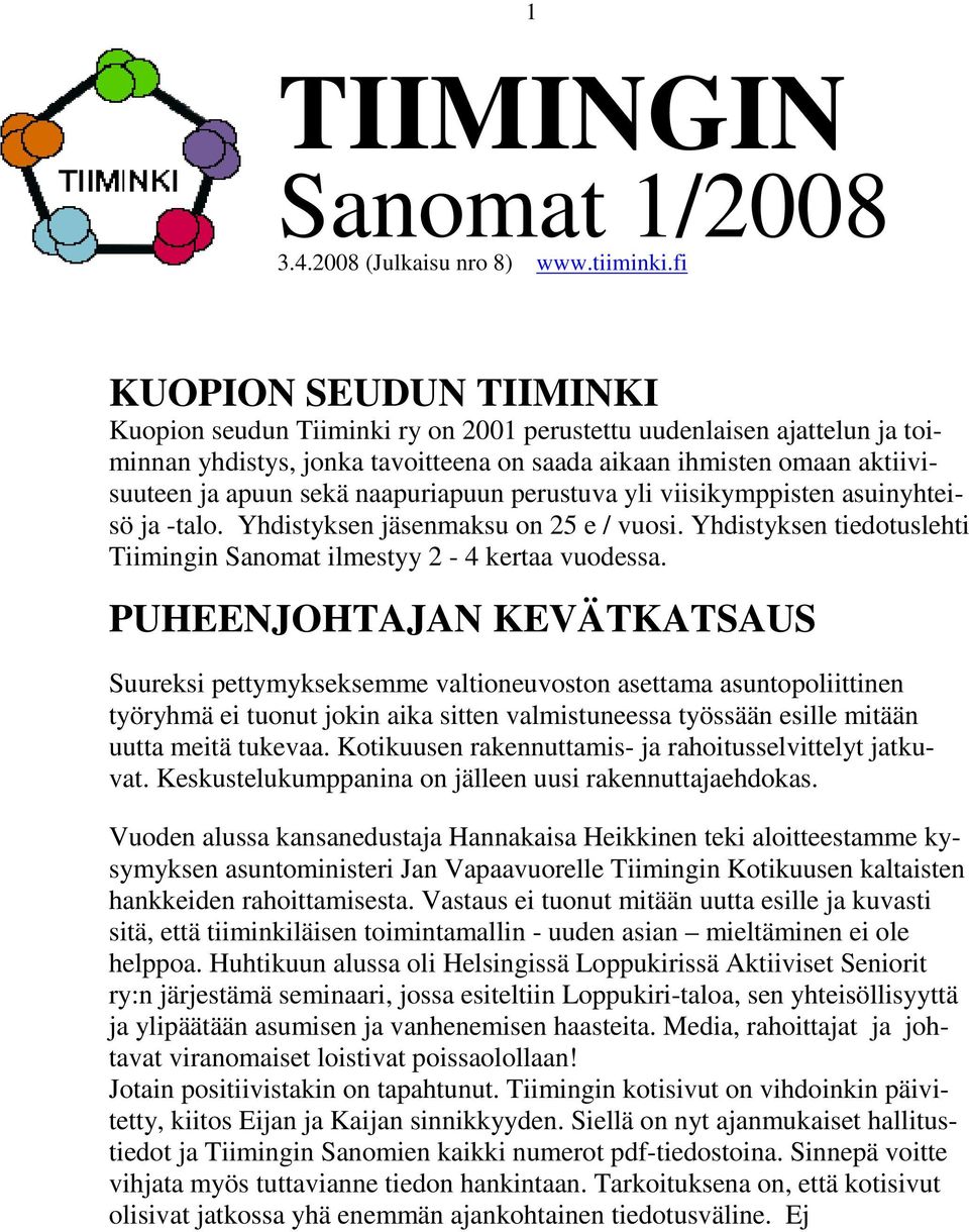 naapuriapuun perustuva yli viisikymppisten asuinyhteisö ja -talo. Yhdistyksen jäsenmaksu on 25 e / vuosi. Yhdistyksen tiedotuslehti Tiimingin Sanomat ilmestyy 2-4 kertaa vuodessa.