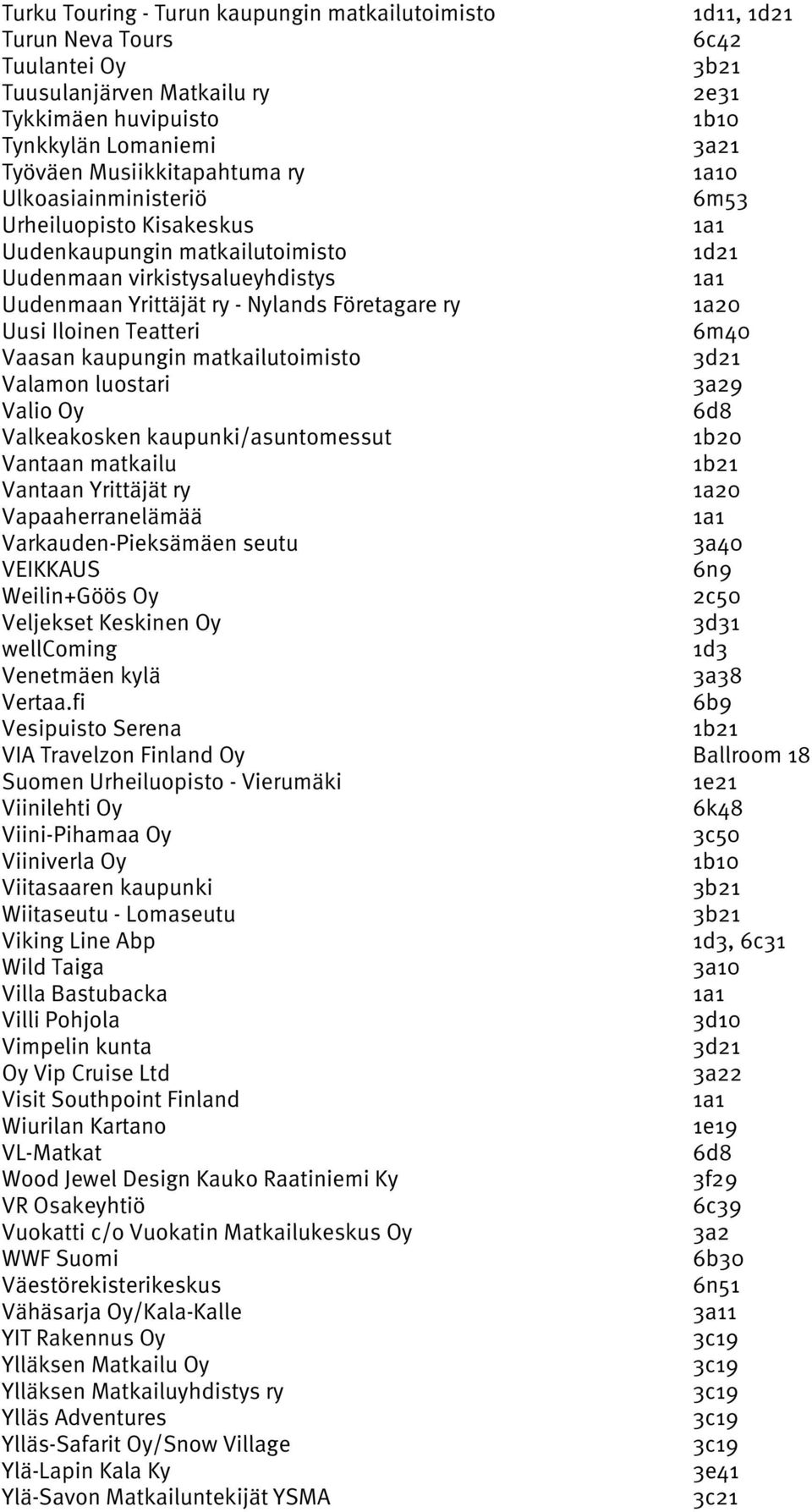 Vaasan kaupungin matkailutoimisto Valamon luostari 3a29 Valio Oy Valkeakosken kaupunki/asuntomessut 1b20 Vantaan matkailu Vantaan Yrittäjät ry 1a20 Vapaaherranelämää Varkauden-Pieksämäen seutu 3a40