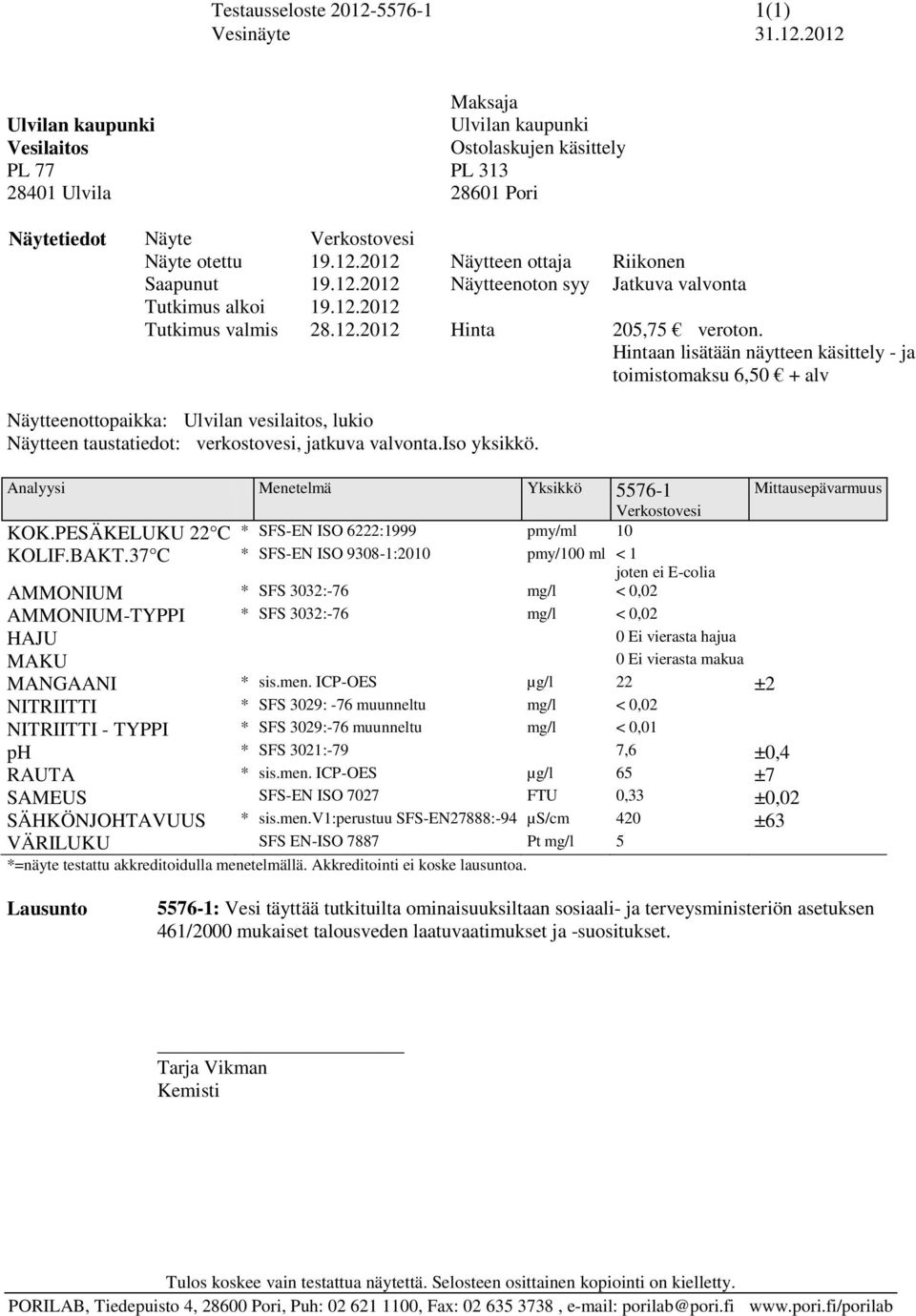 Analyysi Menetelmä Yksikkö 5576-1 KOK.PESÄKELUKU 22 C * SFS-EN ISO 6222:1999 pmy/ml 10 AMMONIUM-TYPPI * SFS 3032:-76 mg/l < 0,02 0 Ei vierasta makua MAKU MANGAANI * sis.men.