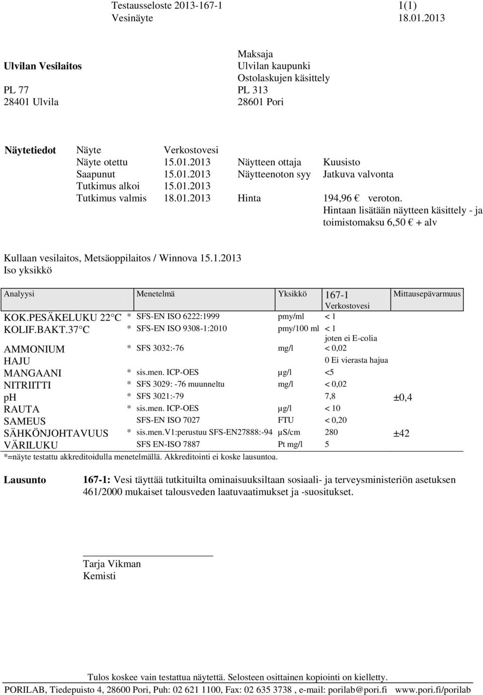 PESÄKELUKU 22 C * SFS-EN ISO 6222:1999 pmy/ml < 1 MANGAANI * sis.men. ICP-OES µg/l <5 ph * SFS 3021:-79 7,8 ±0,4 RAUTA * sis.men. ICP-OES µg/l < 10 SAMEUS SFS-EN ISO 7027 FTU < 0,20 SÄHKÖNJOHTAVUUS * sis.