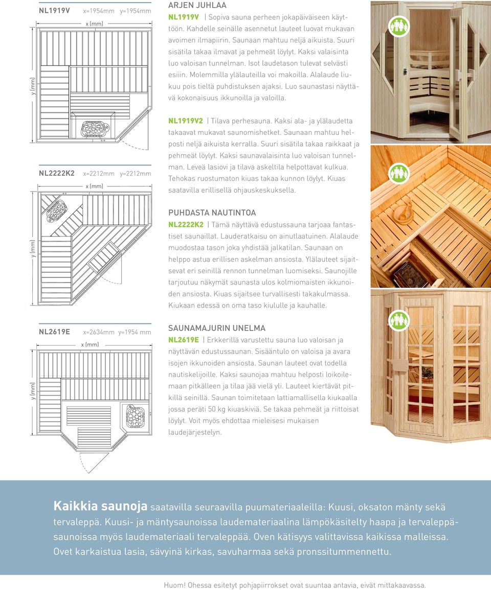 Alalaude liukuu pois tieltä puhdistuksen ajaksi. Luo saunastasi näyttävä kokonaisuus ikkunoilla ja valoilla. NL2222K2 x=2212mm y=2212mm NL1919V2 Tilava perhesauna.