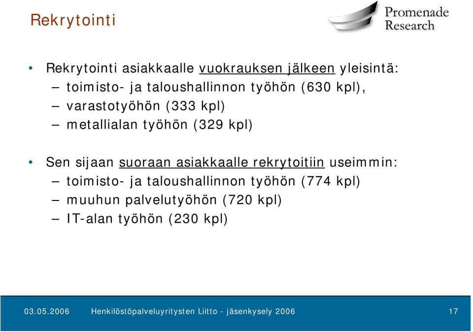 asiakkaalle rekrytoitiin useimmin: toimisto- ja taloushallinnon työhön (774 kpl) muuhun