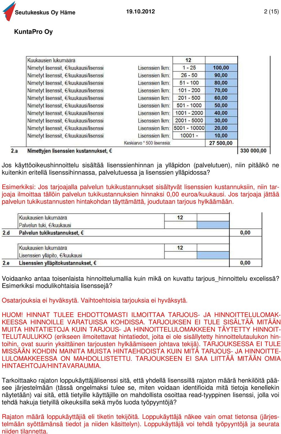 Jos tarjoaja jättää palvelun tukikustannusten hintakohdan täyttämättä, joudutaan tarjous hylkäämään. Voidaanko antaa toisenlaista hinnoittelumallia kuin mikä on kuvattu tarjous_hinnoittelu excelissä?