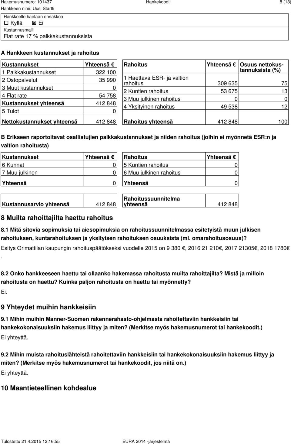 rahoitus 309 635 75 2 Kuntien rahoitus 53 675 13 3 Muu julkinen rahoitus 0 0 4 Yksityinen rahoitus 49 538 12 Rahoitus yhteensä 412 848 100 B Erikseen raportoitavat osallistujien palkkakustannukset ja