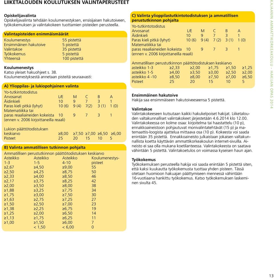 38. Koulumenestyksestä annetaan pisteitä seuraavasti: A) Ylioppilas- ja lukiopohjainen valinta Yo-tutkintotodistus Arvosanat L/E M C B A Äidinkieli 10 9 7 3 1 Paras kieli pitkä (lyhyt) 10 (6) 9 (4)