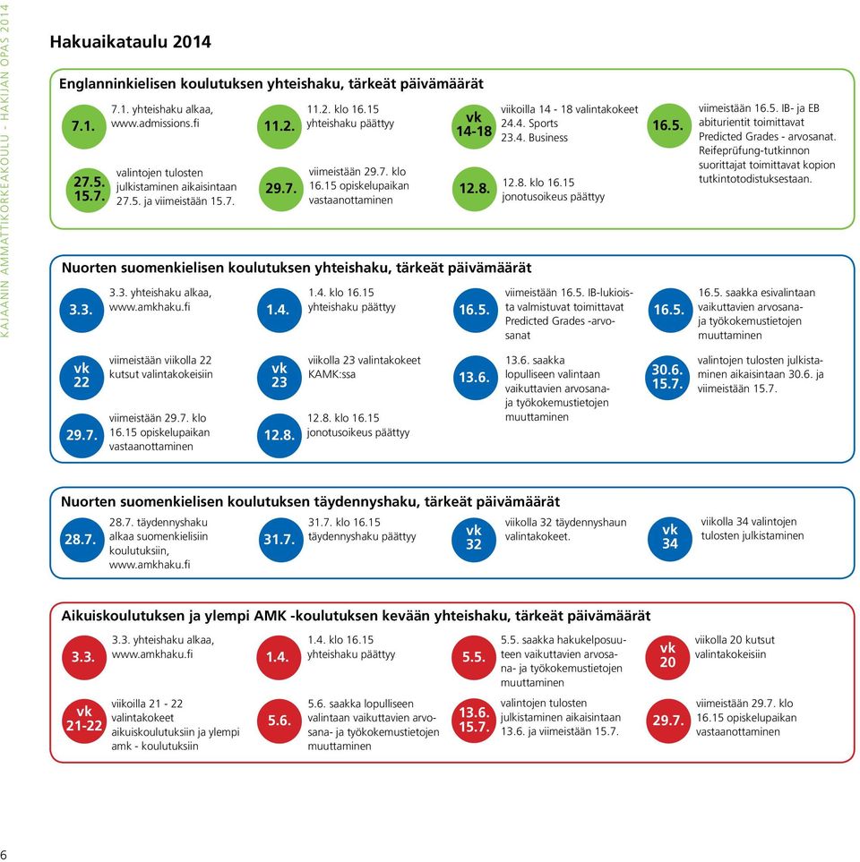 12.8. Nuorten suomenkielisen koulutuksen yhteishaku, tärkeät päivämäärät 1.4. klo 16.15 yhteishaku päättyy 16.5. viikoilla 14-18 valintakokeet 24.4. Sports 23.4. Business 12.8. klo 16.15 jonotusoikeus päättyy viimeistään 16.