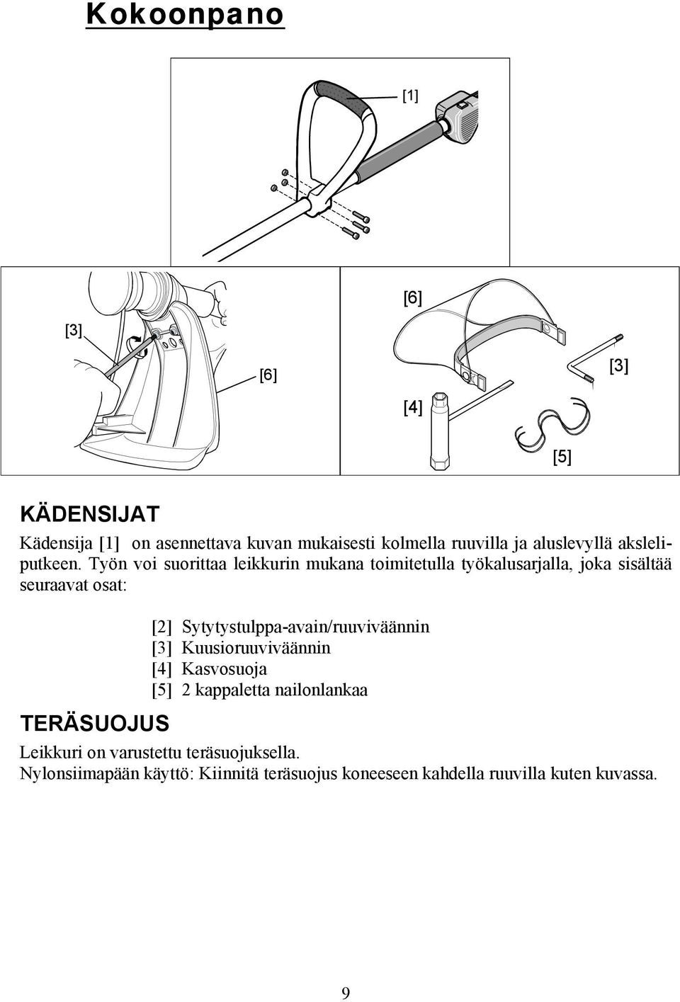 Työn voi suorittaa leikkurin mukana toimitetulla työkalusarjalla, joka sisältää seuraavat osat: [2]