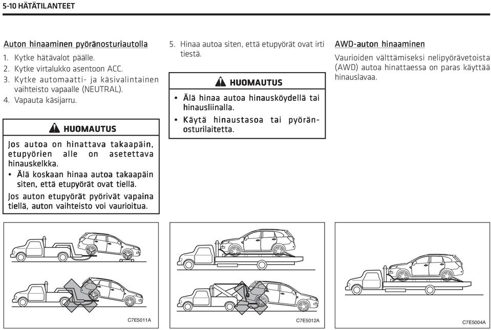 Älä koskaan hinaa autoa takaapäin siten, että etupyörät ovat tiellä. Jos auton etupyörät pyörivät vapaina tiellä, auton vaihteisto voi vaurioitua. 5.