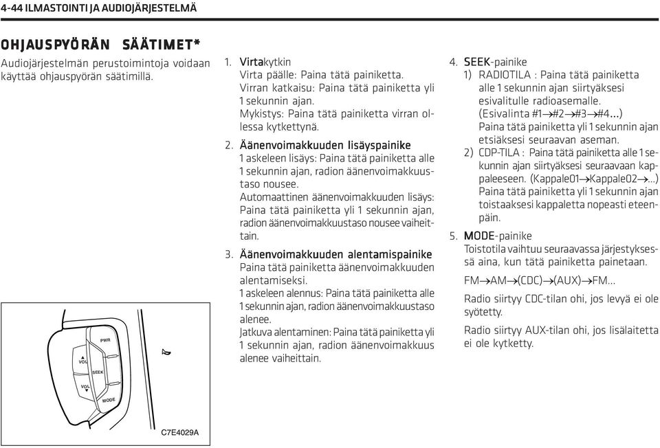 Äänenvoimakkuuden lisäyspainike 1 askeleen lisäys: Paina tätä painiketta alle 1 sekunnin ajan, radion äänenvoimakkuustaso nousee.