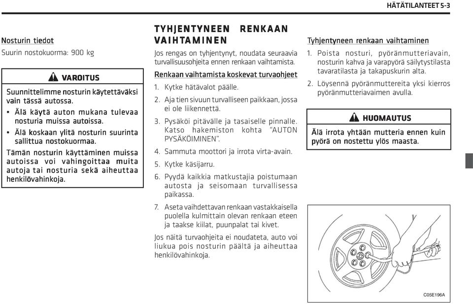 TYHJENTYNEEN VAIHT AIHTAMINEN AMINEN RENKAAN Jos rengas on tyhjentynyt, noudata seuraavia turvallisuusohjeita ennen renkaan vaihtamista. Renkaan vaihtamista koskevat turvaohjeet 1.