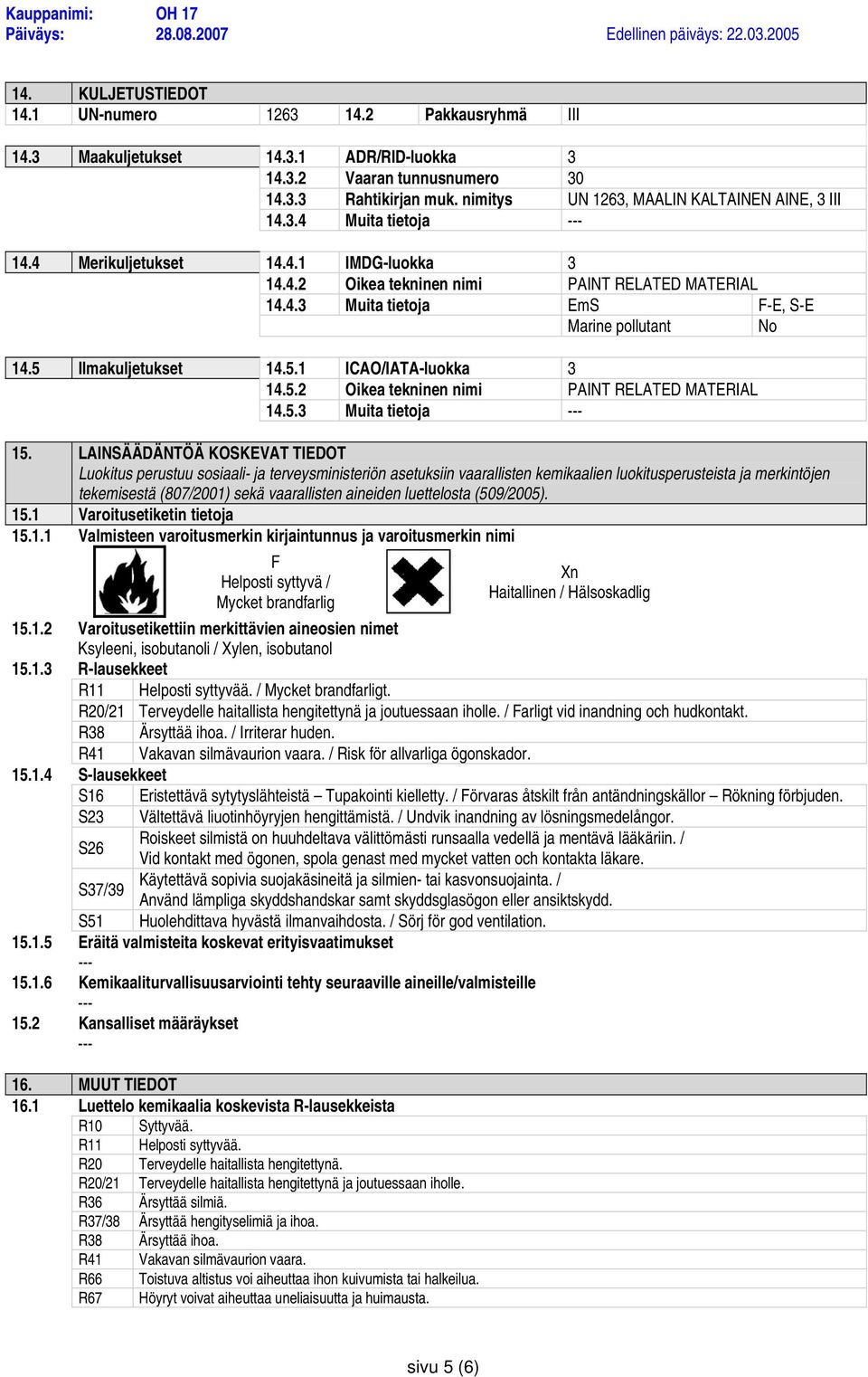 5 Ilmakuljetukset 14.5.1 ICAO/IATA-luokka 3 14.5.2 Oikea tekninen nimi PAINT RELATED MATERIAL 14.5.3 Muita tietoja 15.