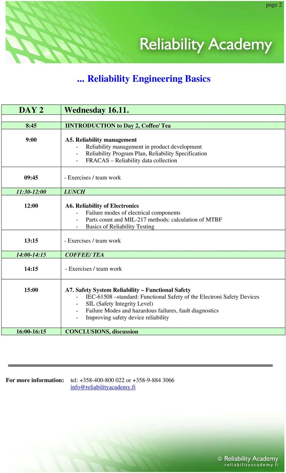 A6. Reliability of Electronics - Failure modes of electrical components - Parts count and MIL-217 methods: calculation of MTBF - Basics of Reliability Testing 13:15 - Exercises / team work