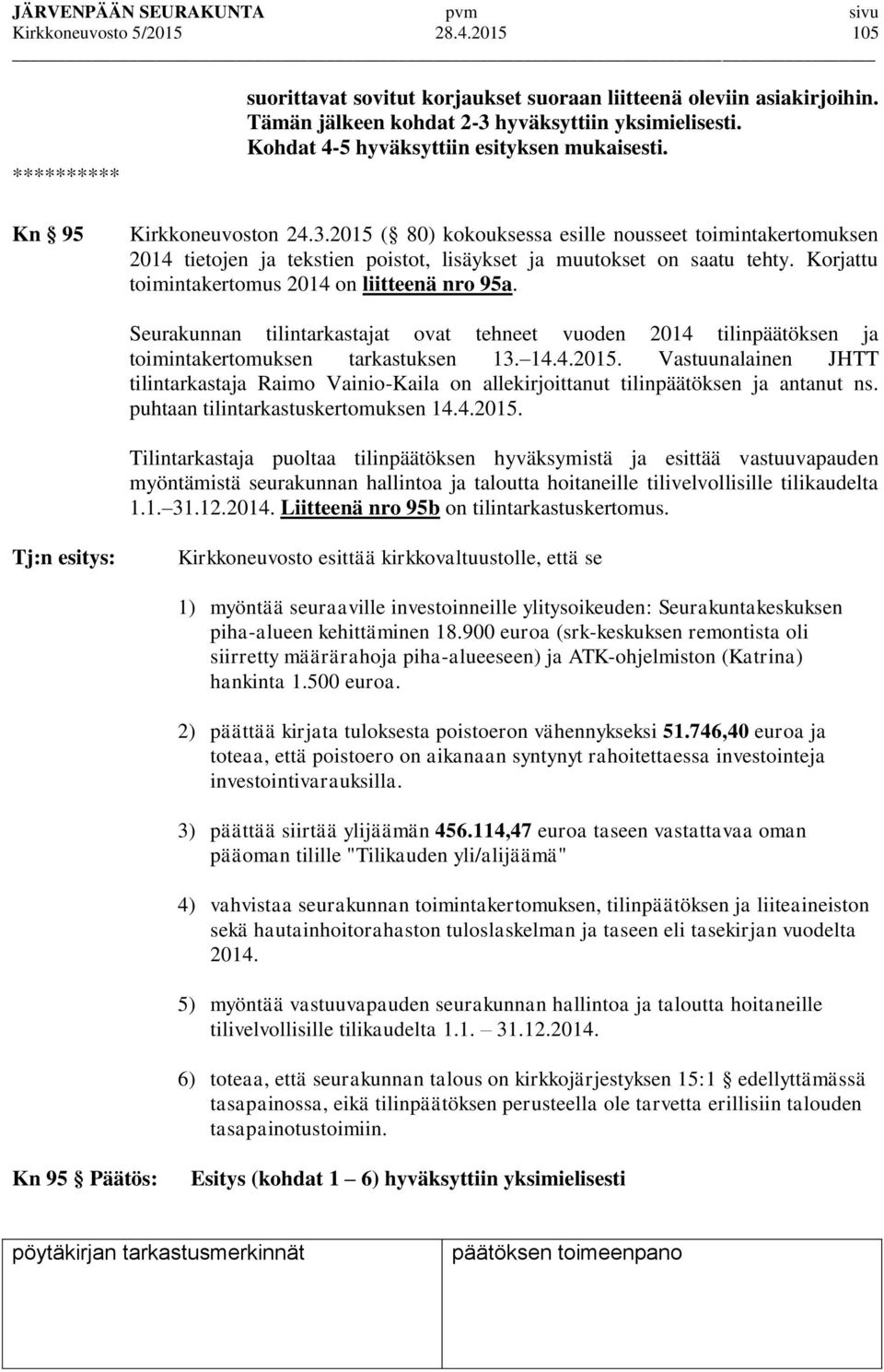 Korjattu toimintakertomus 2014 on liitteenä nro 95a. Seurakunnan tilintarkastajat ovat tehneet vuoden 2014 tilinpäätöksen ja toimintakertomuksen tarkastuksen 13. 14.4.2015.