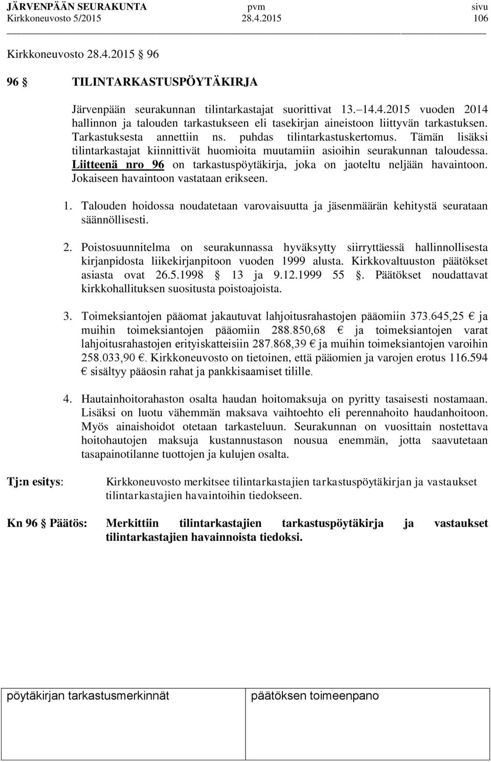 Liitteenä nro 96 on tarkastuspöytäkirja, joka on jaoteltu neljään havaintoon. Jokaiseen havaintoon vastataan erikseen. 1.