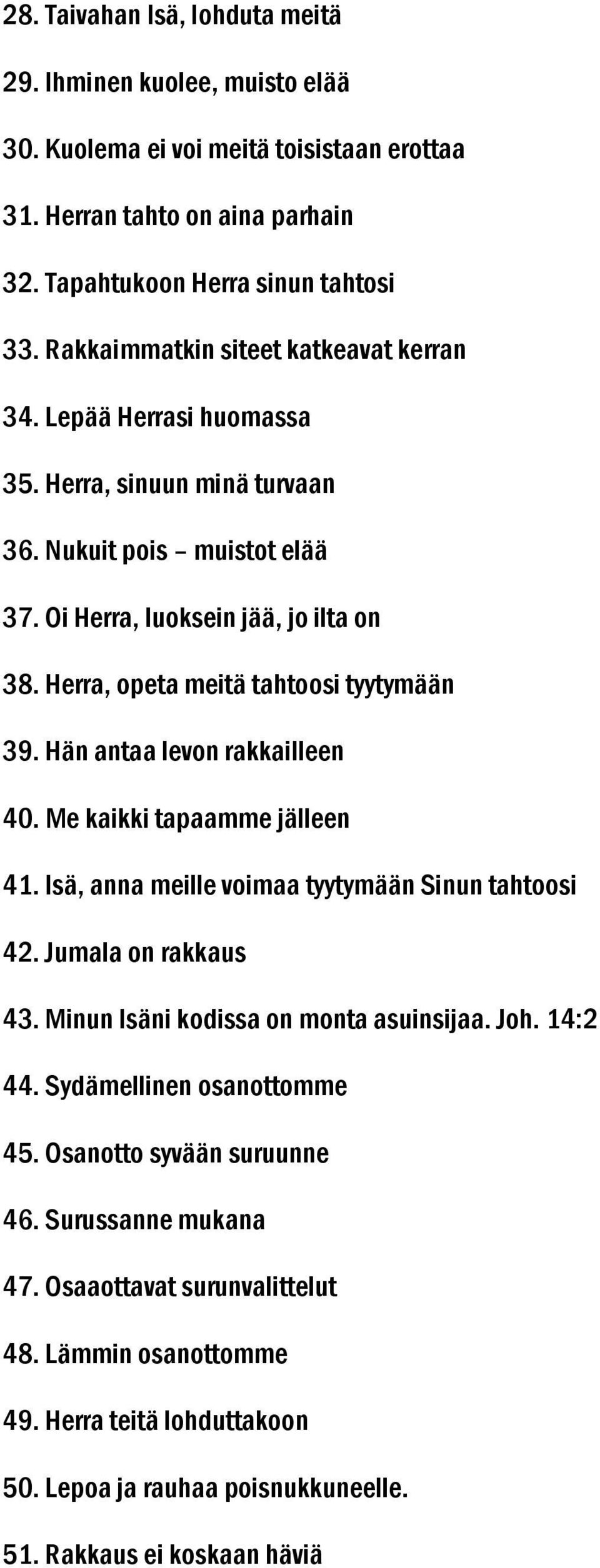 Herra, opeta meitä tahtoosi tyytymään 39. Hän antaa levon rakkailleen 40. Me kaikki tapaamme jälleen 41. Isä, anna meille voimaa tyytymään Sinun tahtoosi 42. Jumala on rakkaus 43.