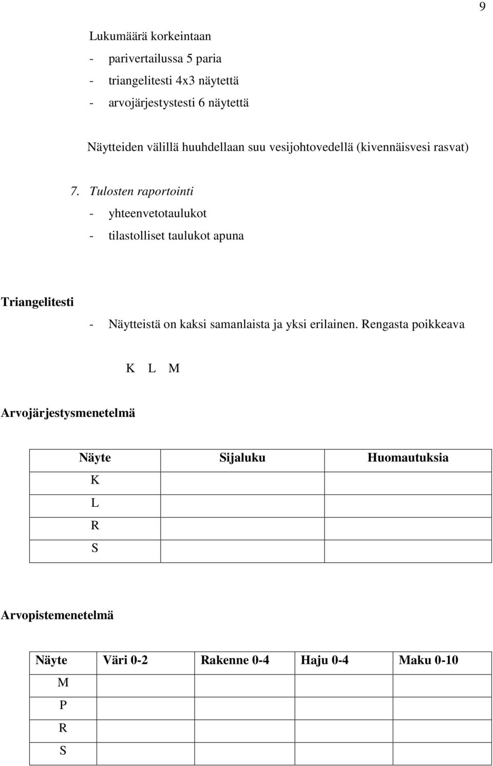 Tulosten raportointi - yhteenvetotaulukot - tilastolliset taulukot apuna Triangelitesti - Näytteistä on kaksi samanlaista