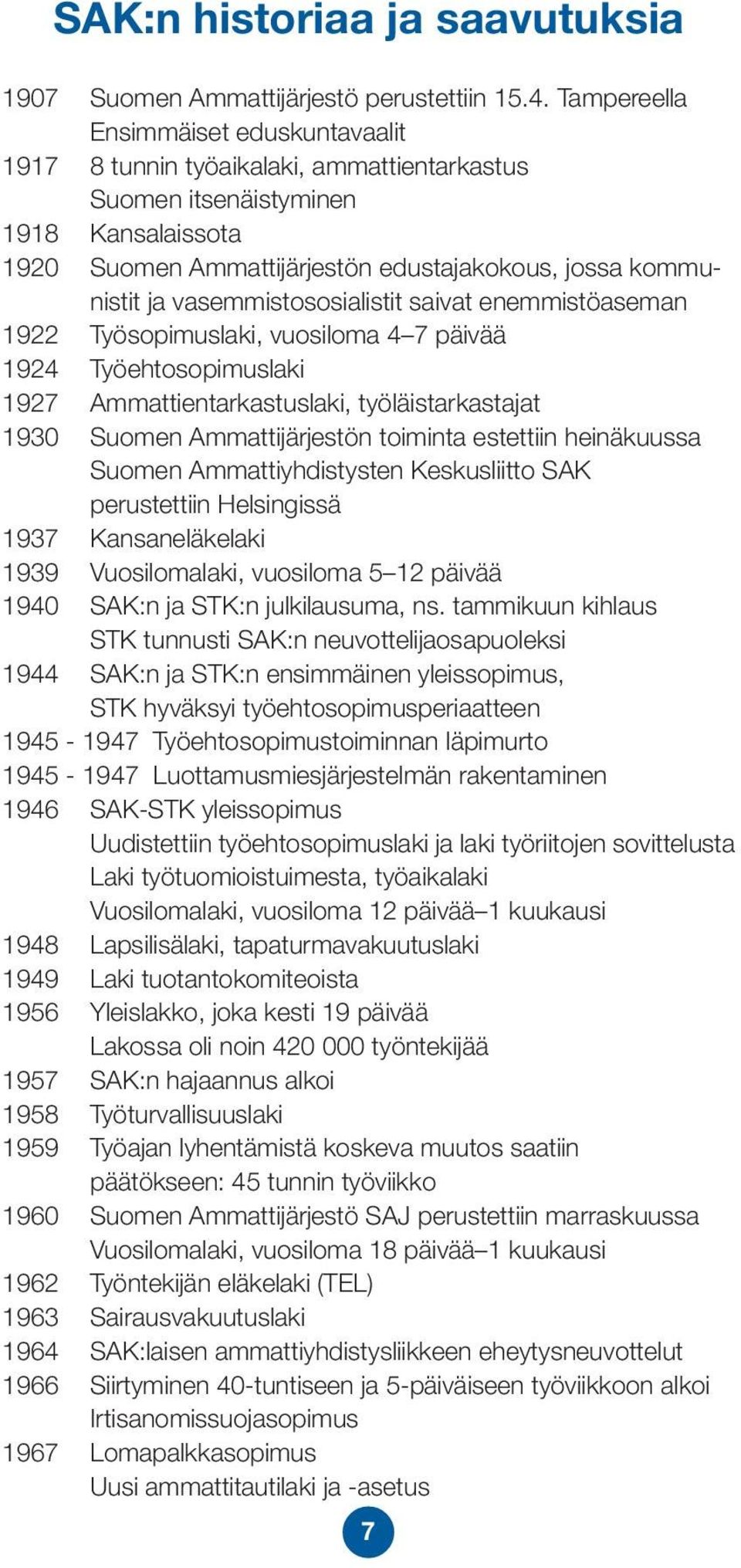 vasemmistososialistit saivat enemmistöaseman 1922 Työsopimuslaki, vuosiloma 4 7 päivää 1924 Työehtosopimuslaki 1927 Ammattientarkastuslaki, työläistarkastajat 1930 Suomen Ammattijärjestön toiminta