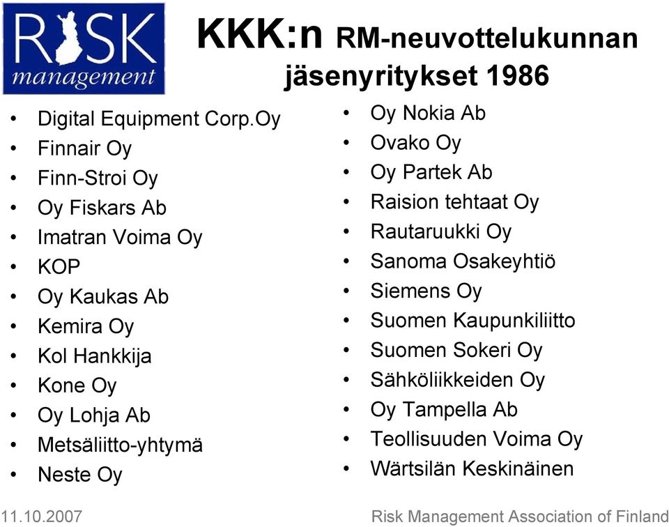 Lohja Ab Metsäliitto-yhtymä Neste Oy Oy Nokia Ab Ovako Oy Oy Partek Ab Raision tehtaat Oy Rautaruukki Oy