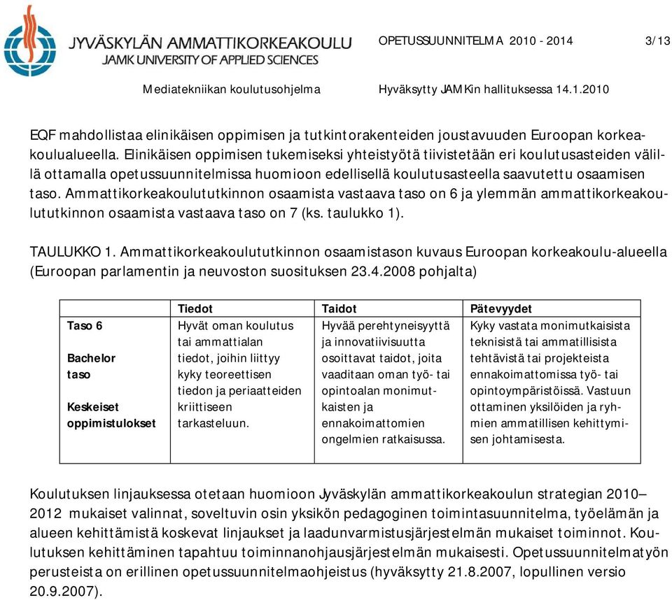 Ammattikorkeakoulututkinnon osaamista vastaava taso on 6 ja ylemmän ammattikorkeakoulututkinnon osaamista vastaava taso on 7 (ks. taulukko 1). TAULUKKO 1.