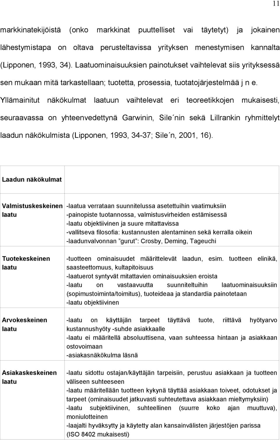 Yllämainitut näkökulmat laatuun vaihtelevat eri teoreetikkojen mukaisesti, seuraavassa on yhteenvedettynä Garwinin, Sile nin sekä Lillrankin ryhmittelyt laadun näkökulmista (Lipponen, 1993, 34-37;