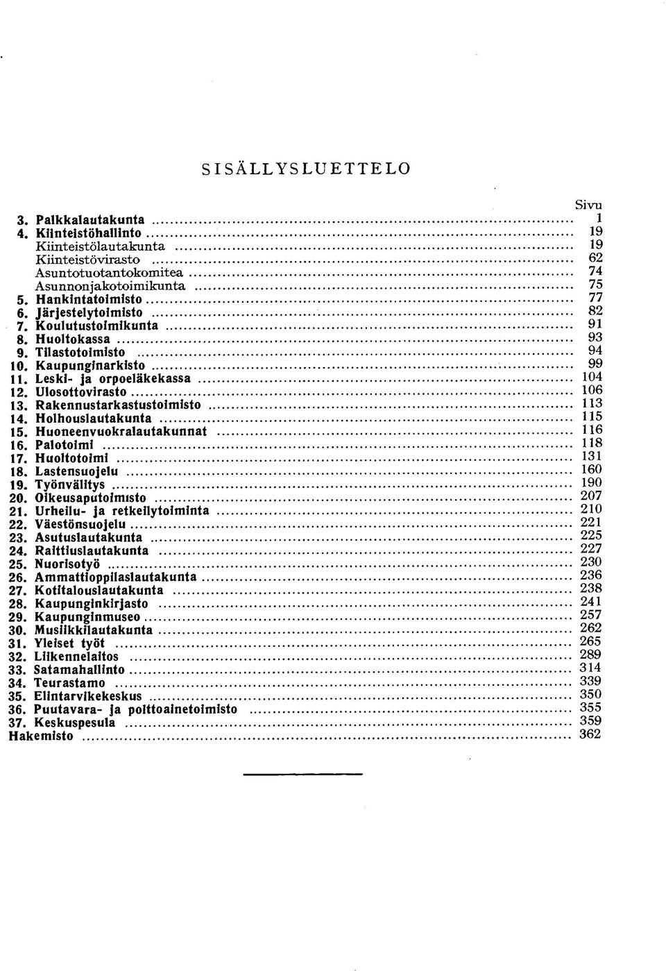 Huoneenvuokralautakunnat 16. Palotoimi 17. Huoltotoimi 18. Lastensuojelu 19. Työnvälitys 20. Oikeusaputoimisto 21. Urheilu- ja retkeilytoiminta 22. Väestönsuojelu 23. Asutuslautakunta 24.