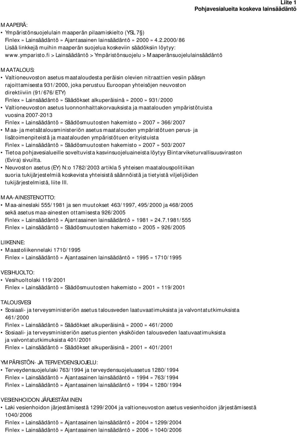 fi > Lainsäädäntö > Ympäristönsuojelu > Maaperänsuojelulainsäädäntö MAATALOUS: Valtioneuvoston asetus maataloudesta peräisin olevien nitraattien vesiin pääsyn rajoittamisesta 931/2000, joka perustuu