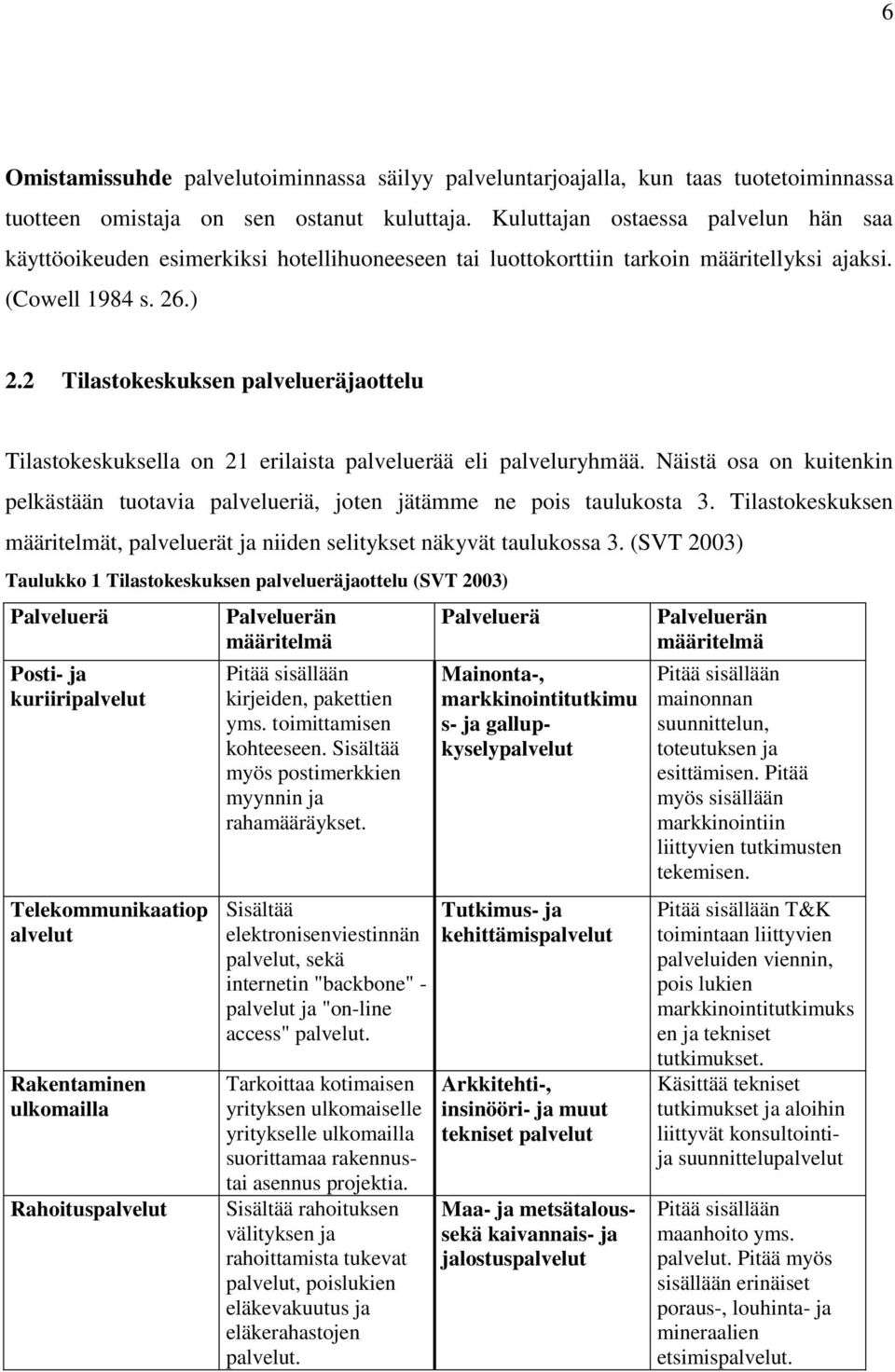 2 Tilastokeskuksen palvelueräjaottelu Tilastokeskuksella on 21 erilaista palveluerää eli palveluryhmää. Näistä osa on kuitenkin pelkästään tuotavia palvelueriä, joten jätämme ne pois taulukosta 3.