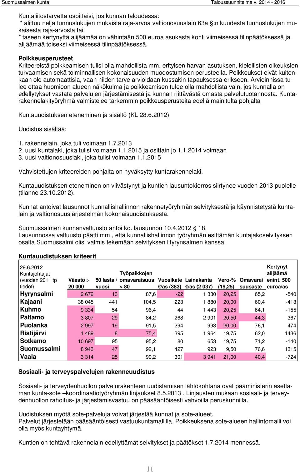 erityisen harvan asutuksen, kielellisten oikeuksien turvaamisen sekä toiminnallisen kokonaisuuden muodostumisen perusteella.